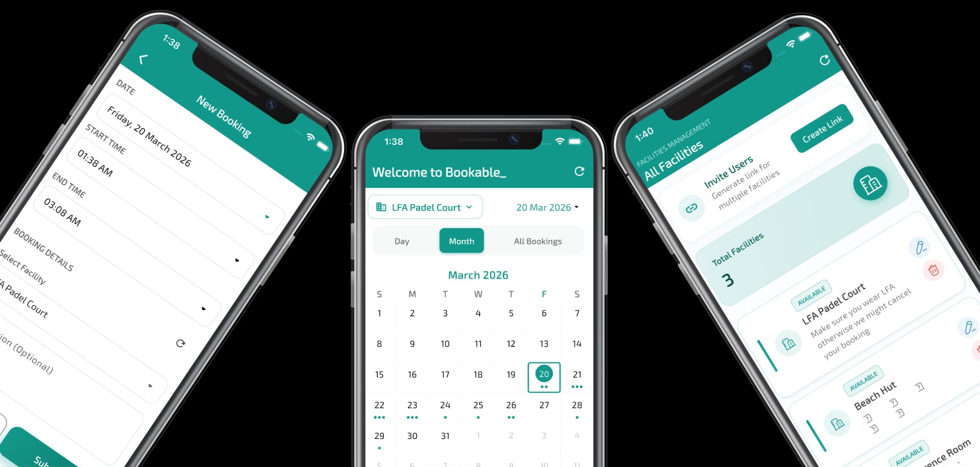 Bookable app screens — calendar, booking form, facilities