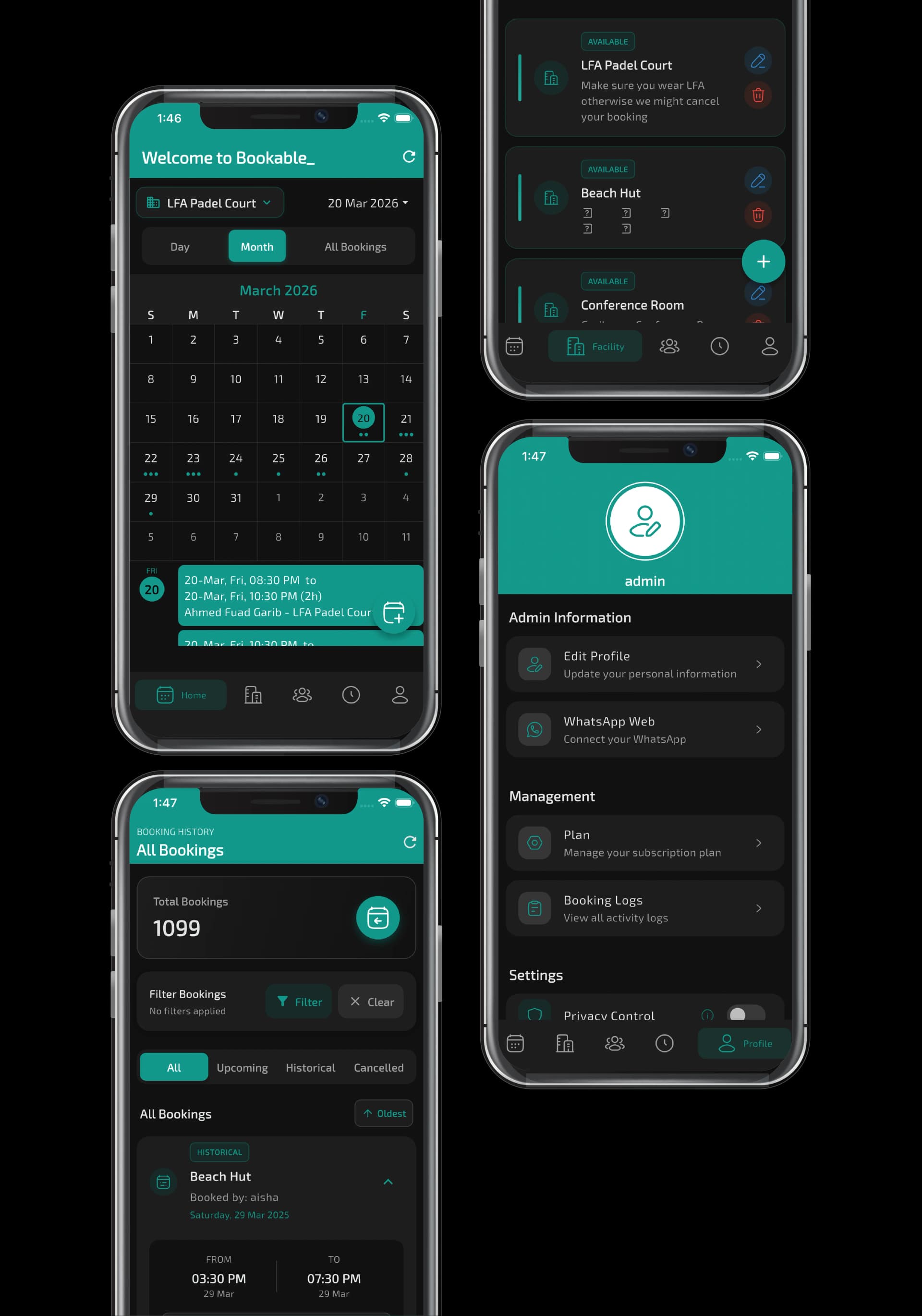 Bookable app — calendar, facilities, history, admin